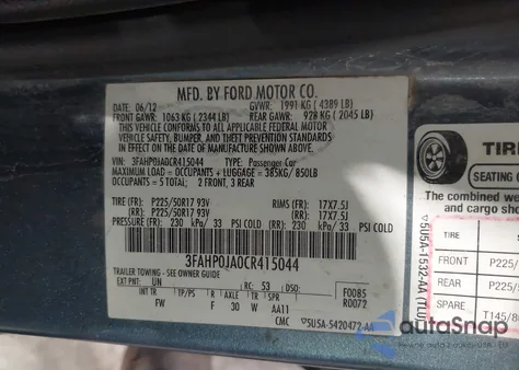 2012 Ford Fusion Sel from USA, damaged, VIN 3FAHP0JA0CR415044